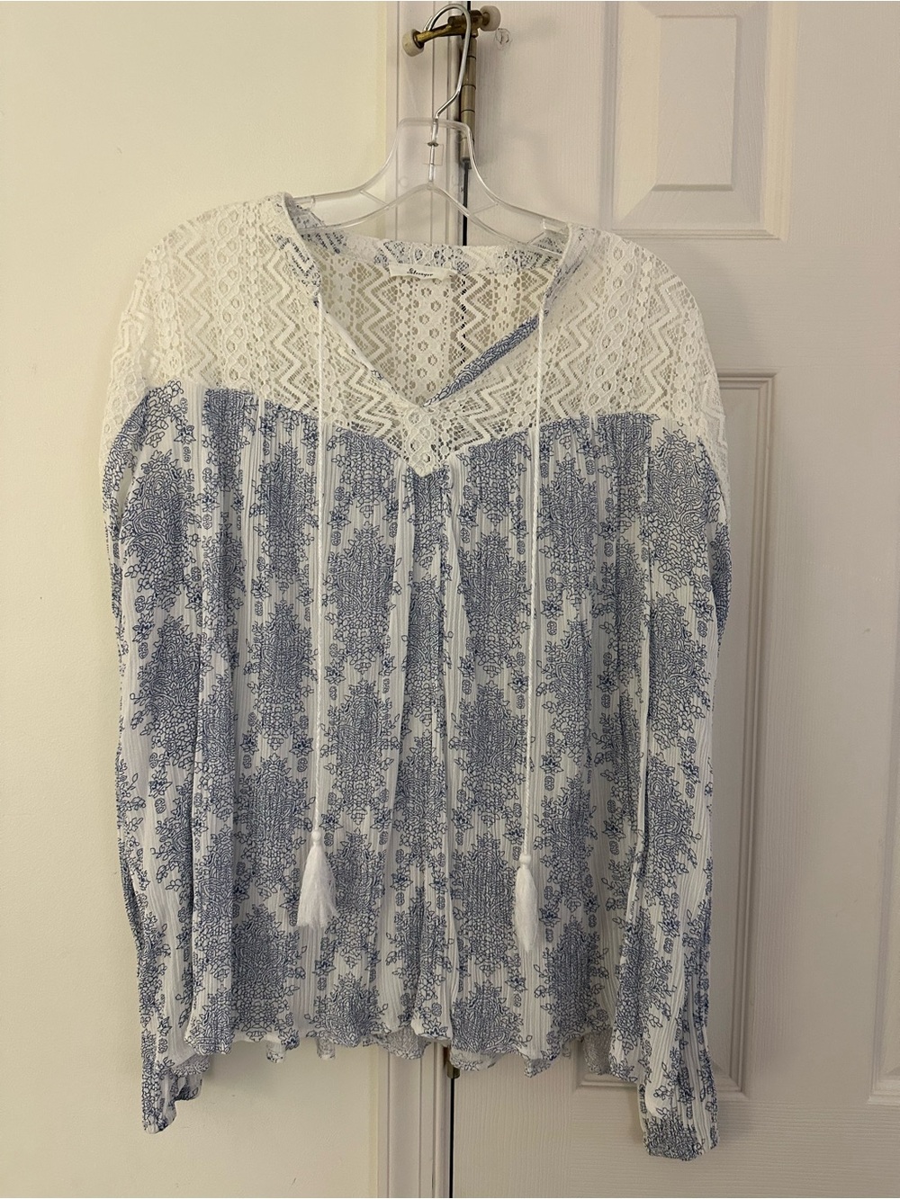 White & Blue Lace Yoke Peasant Blouse with Tassel Ties